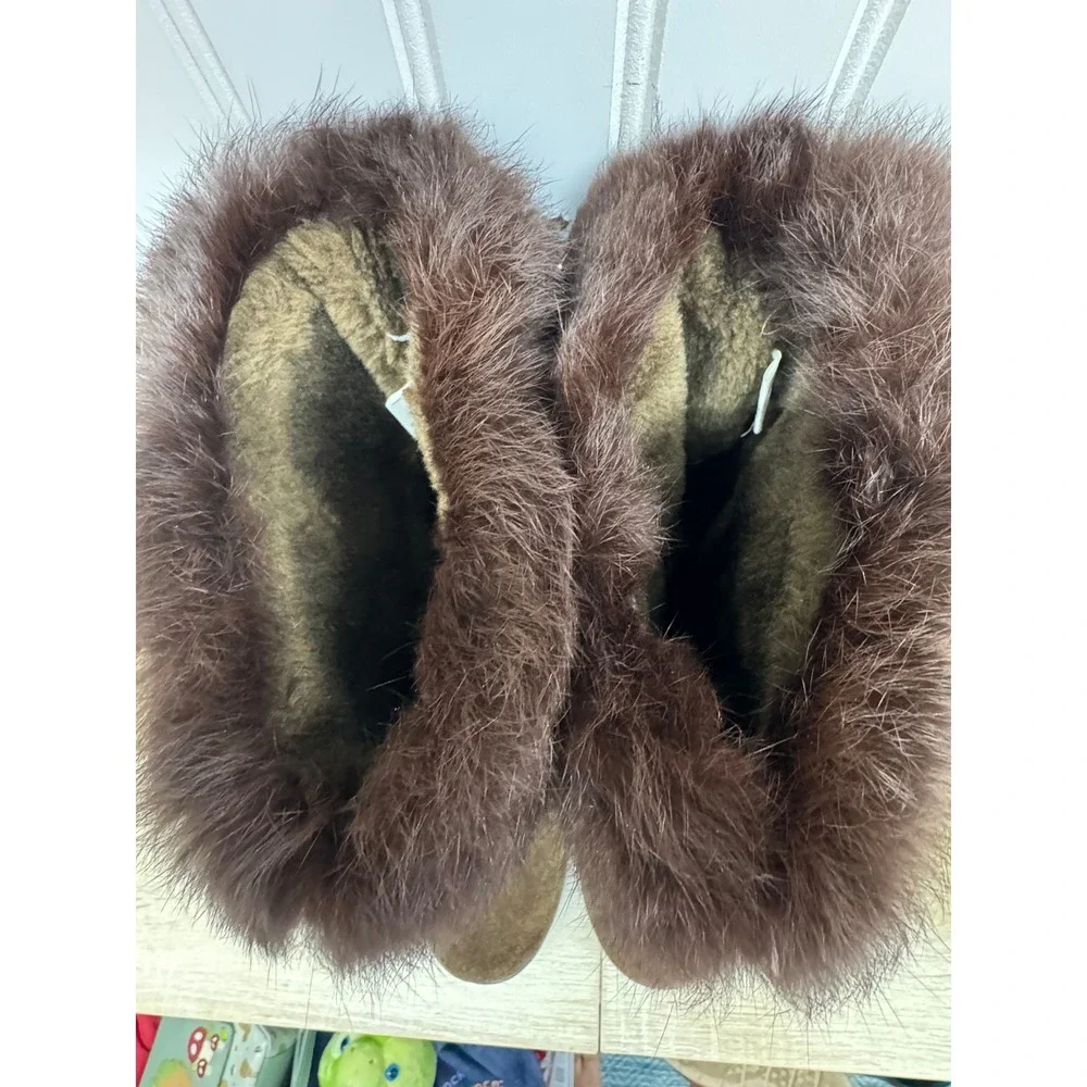 Minnetonka Women‎ 9 Brown Suede Rabbit Fur Mukluk Winter Boots Woven Yeti